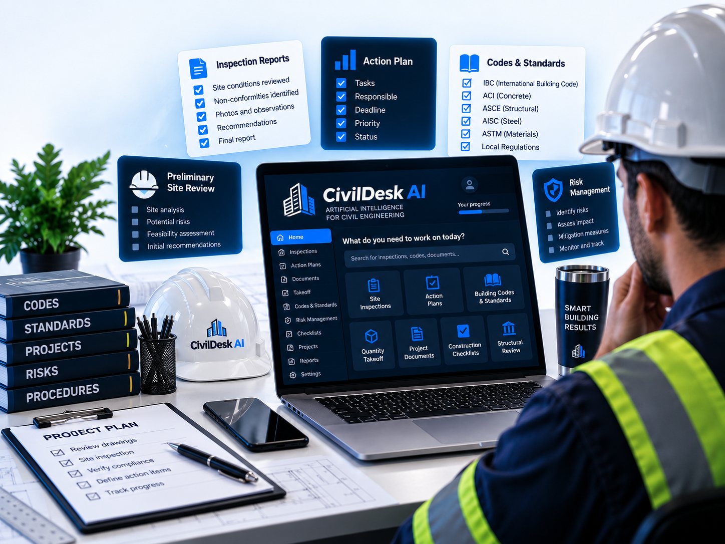 Engineer at a desk using CivilDesk AI on a laptop, with project cards on screen