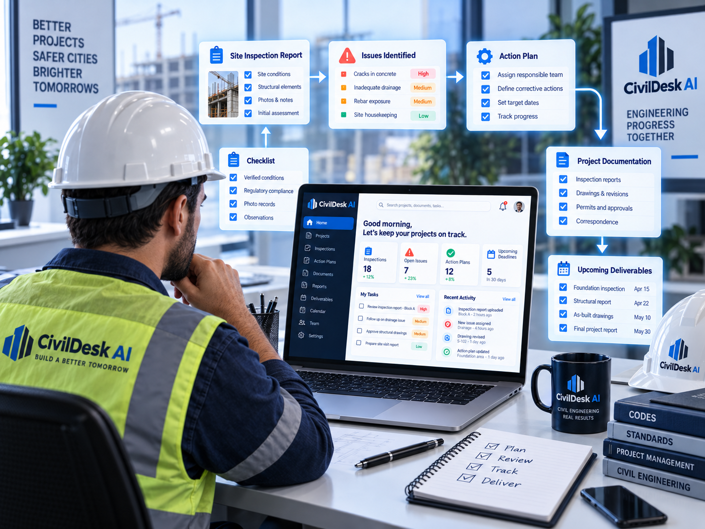Engineer at a desk reviewing site reports, checklists and action plans in CivilDesk AI